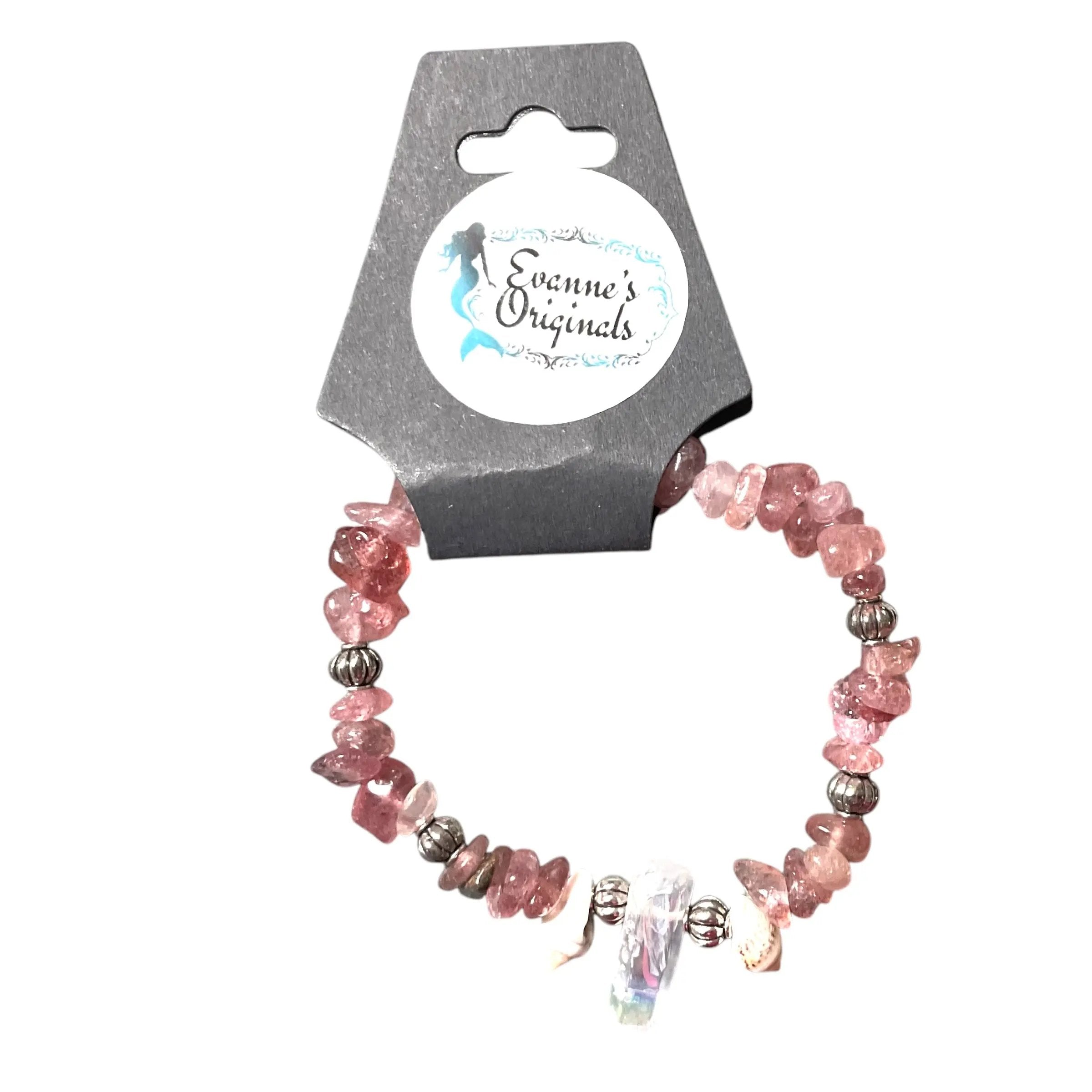 Pink beaded bracelet on a branded card with 'Evanne's Originals' logo.