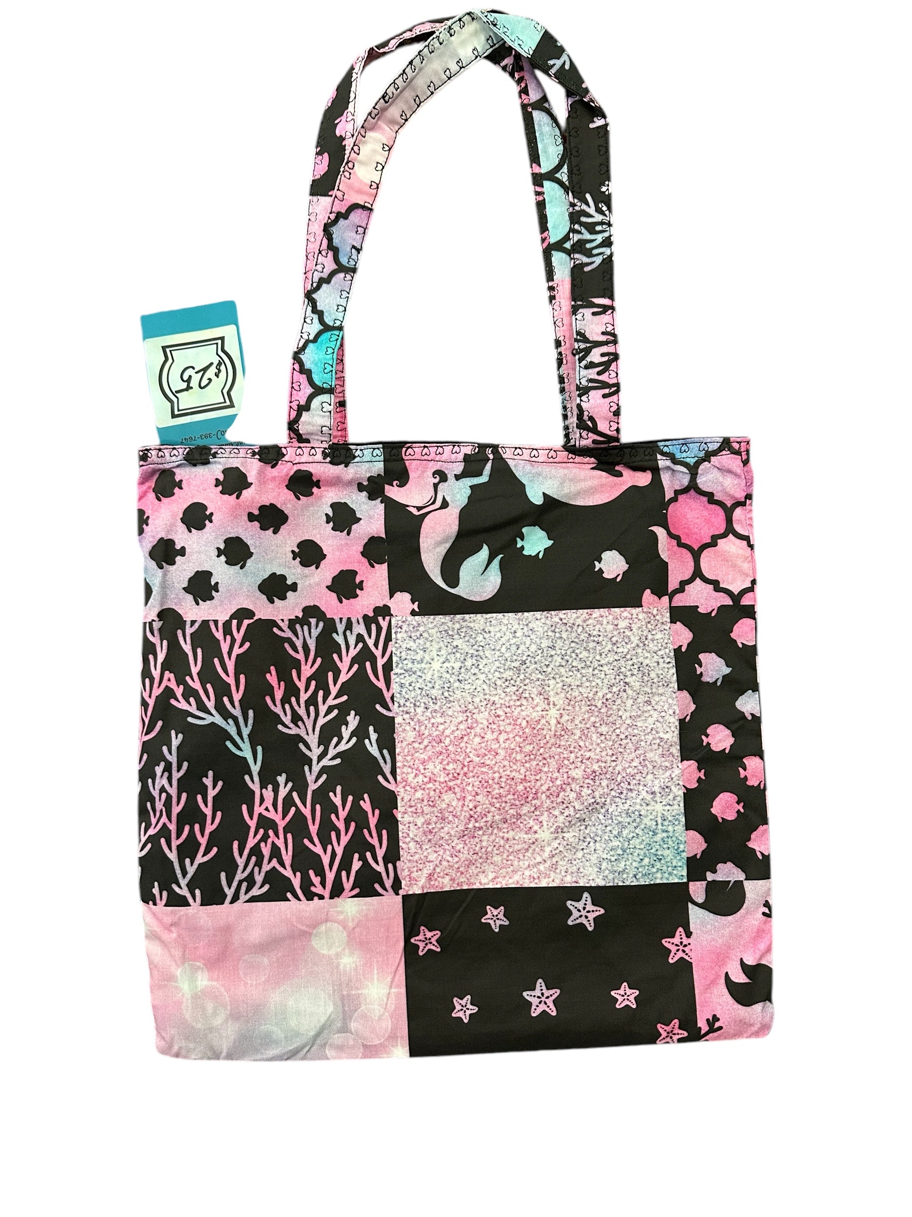 Tote bag with colorful patchwork design on a white background