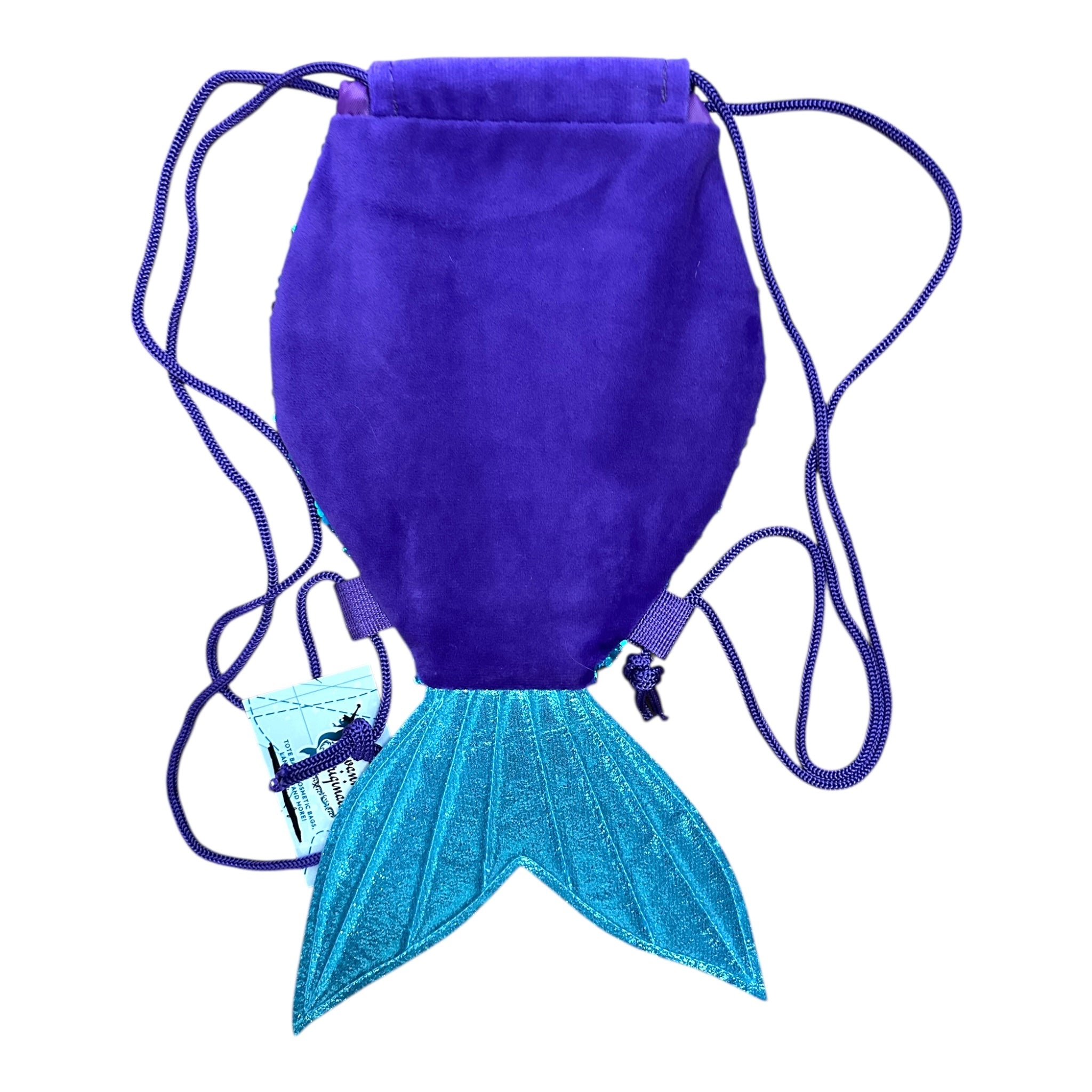 Blue drawstring bag with a mermaid tail design on a white background