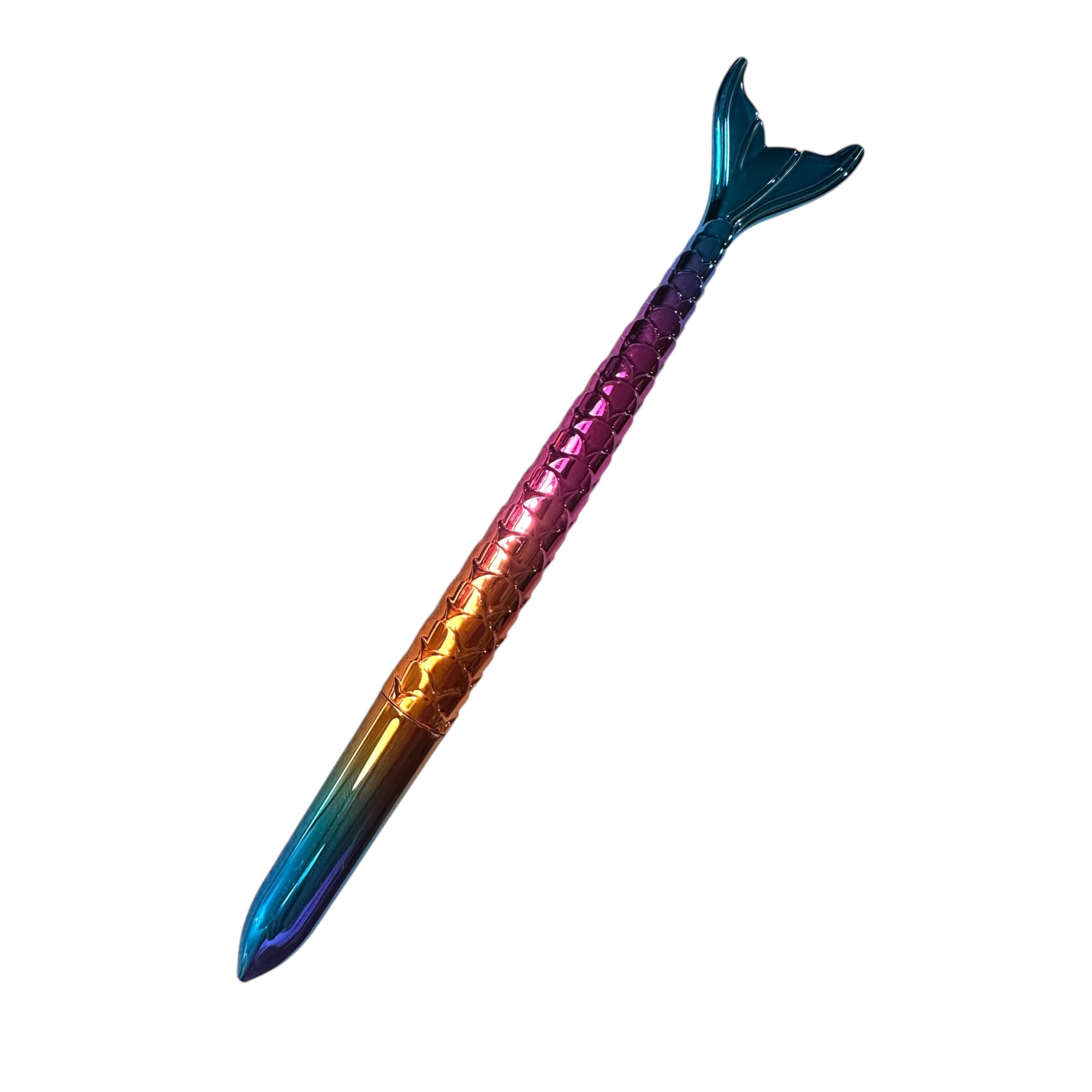 Colorful metallic pen with a gradient design on a white background