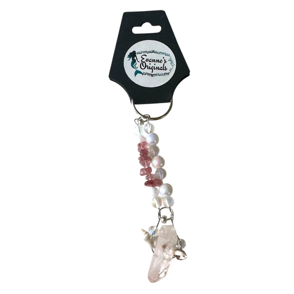 Beaded keychain with crystal charm on a white background