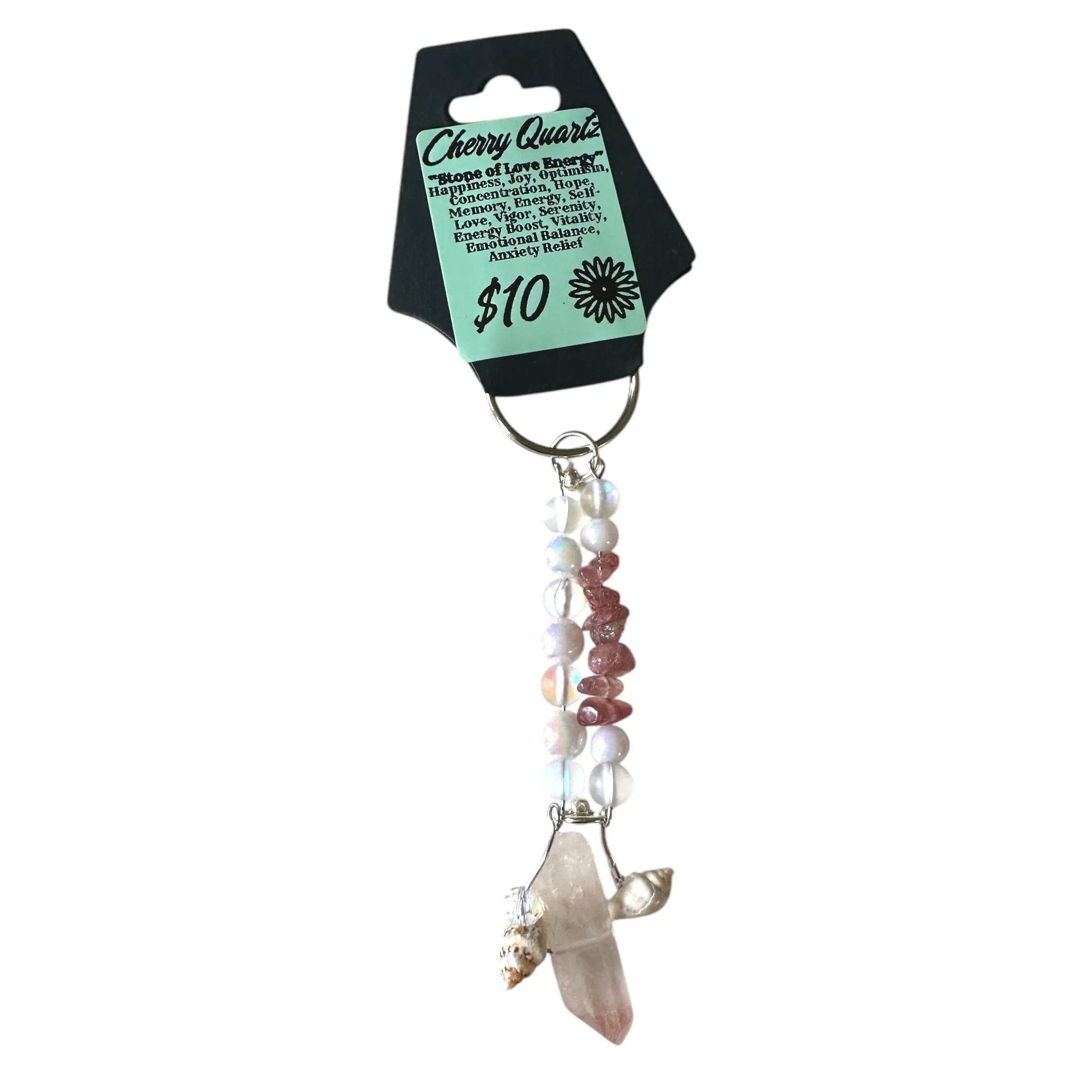 Cherry Quartz crystal keychain on a white background