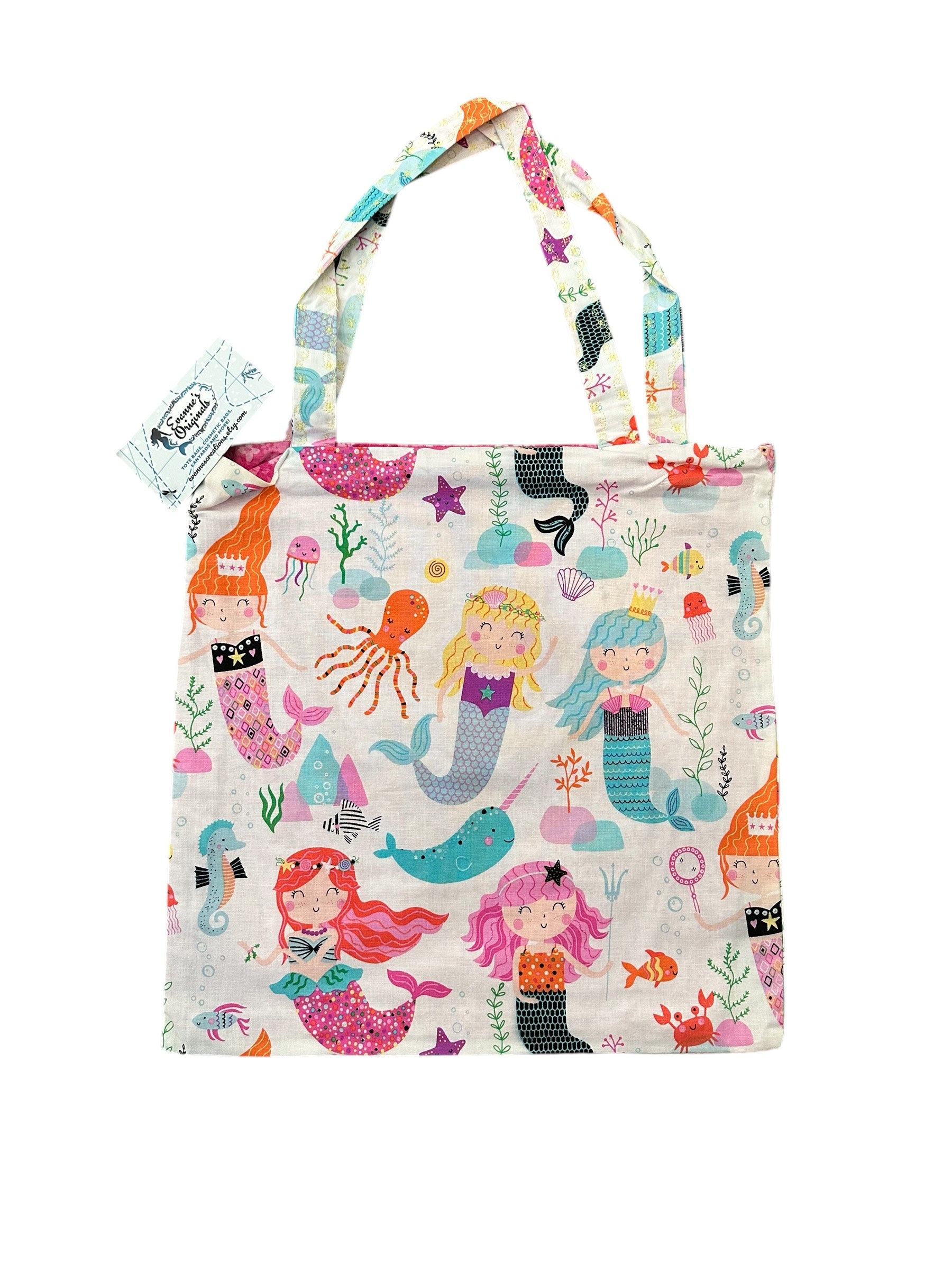 Tote bag with mermaid pattern on a white background