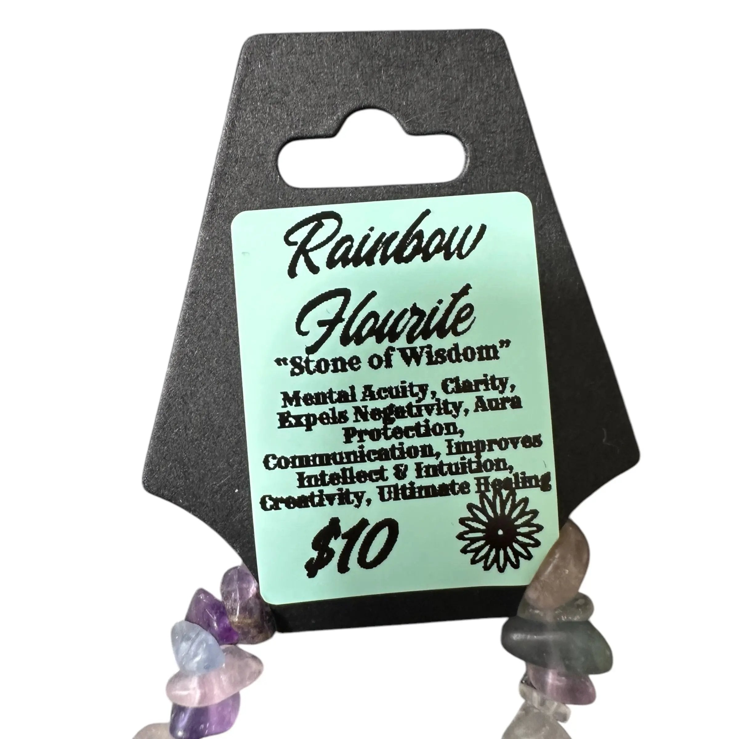 Rainbow fluorite stone on a display card with text and price.
