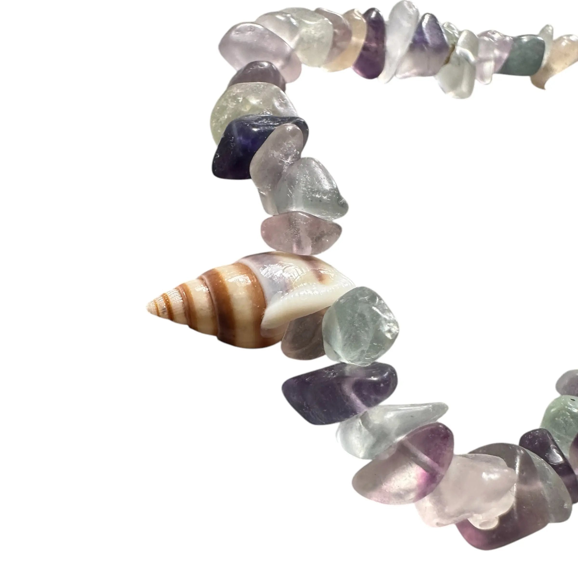 Necklace with multicolored stones and a shell on a white background