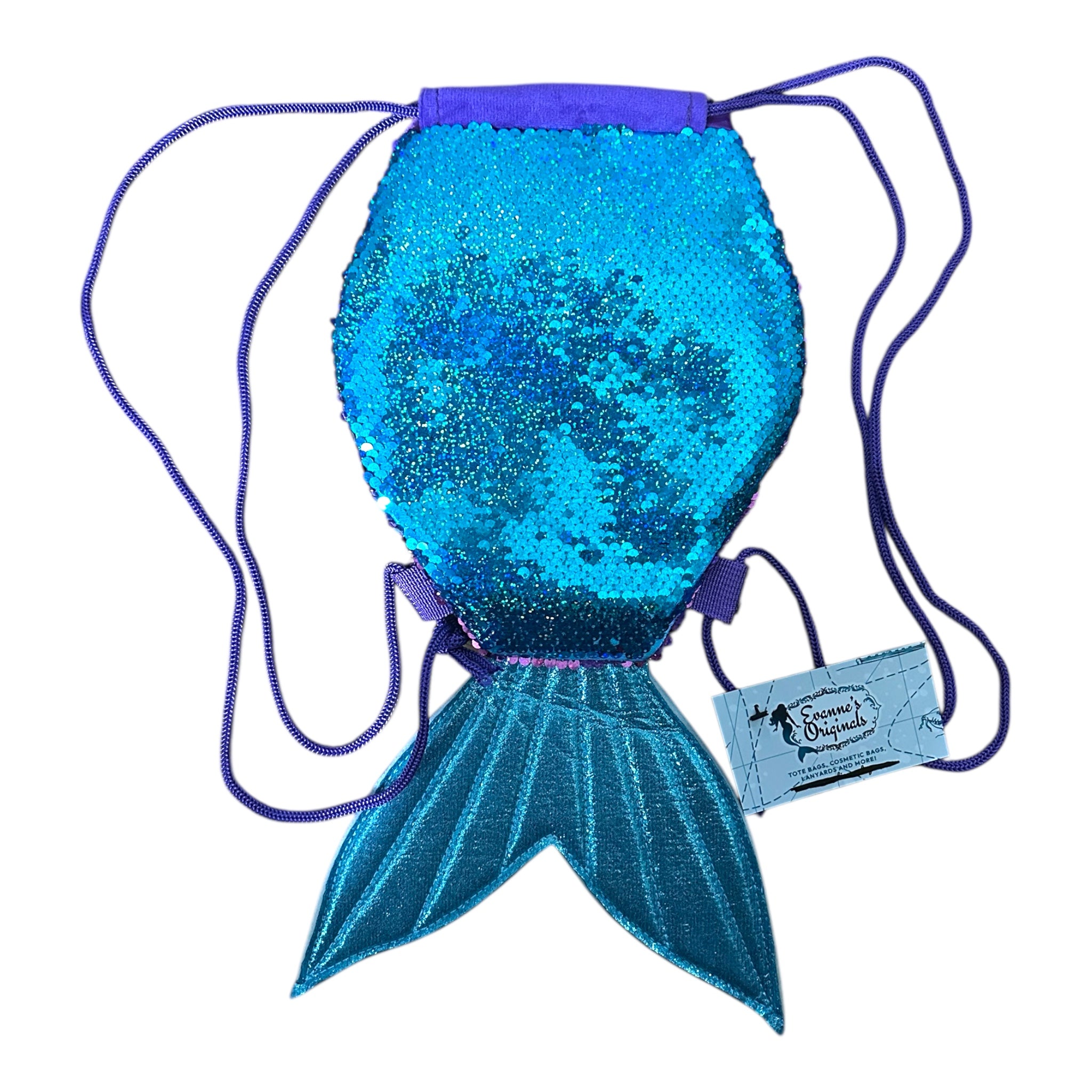 Blue sequin mermaid tail bag with drawstring on a white background
