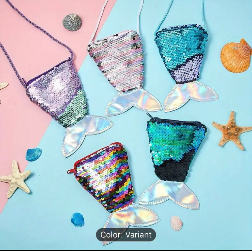 Mermaid tail-themed sequin pouches on a colorful background with shells and starfish.