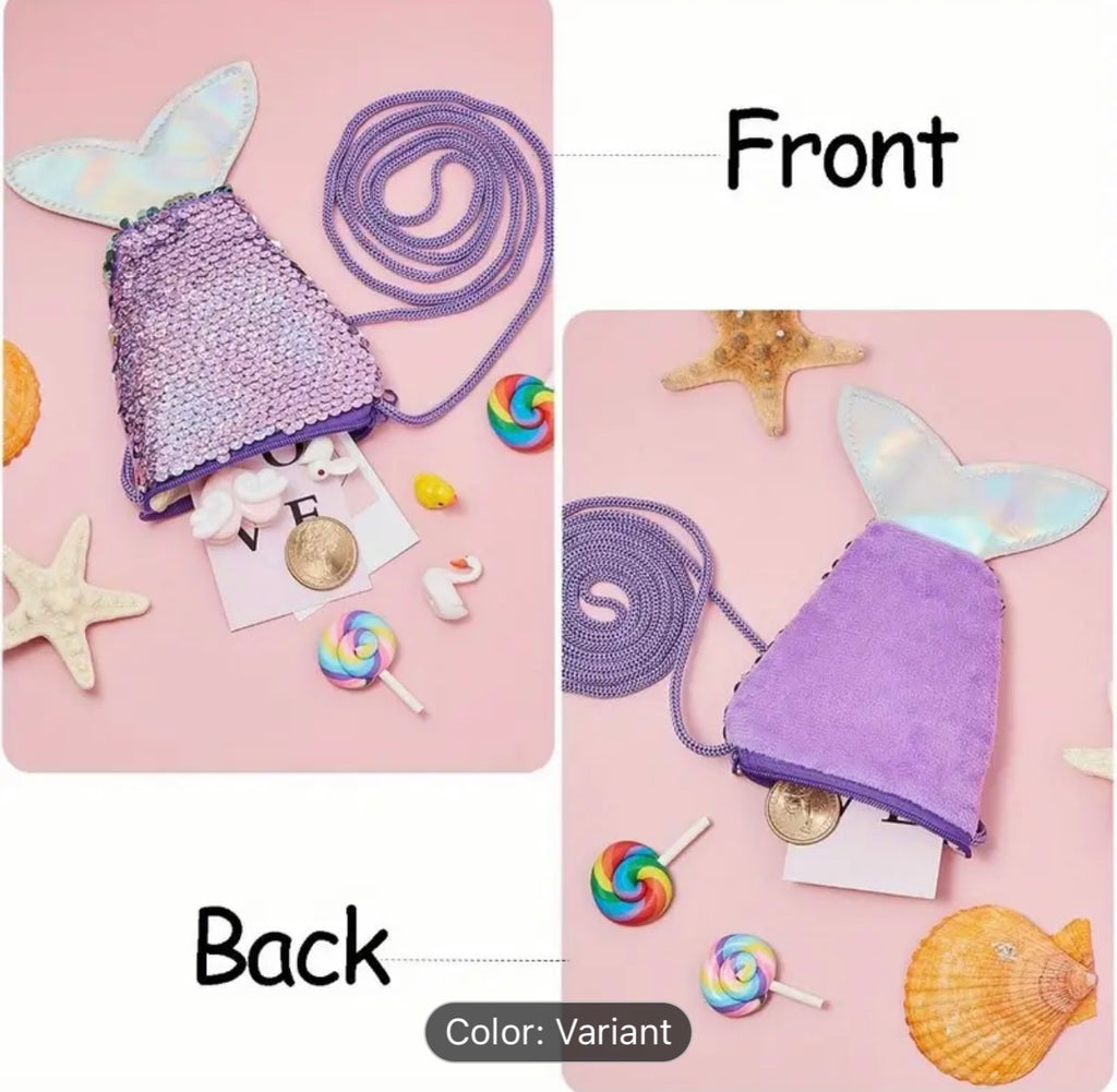 Purple mermaid tail bag with a chain on a pink background with candy and starfish decorations.