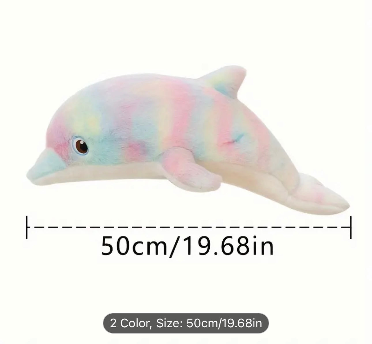 Plush dolphin toy with rainbow pattern and measurements on a white background