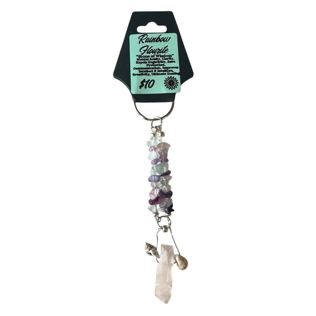 Keychain with multicolored beads and a crystal on a white background