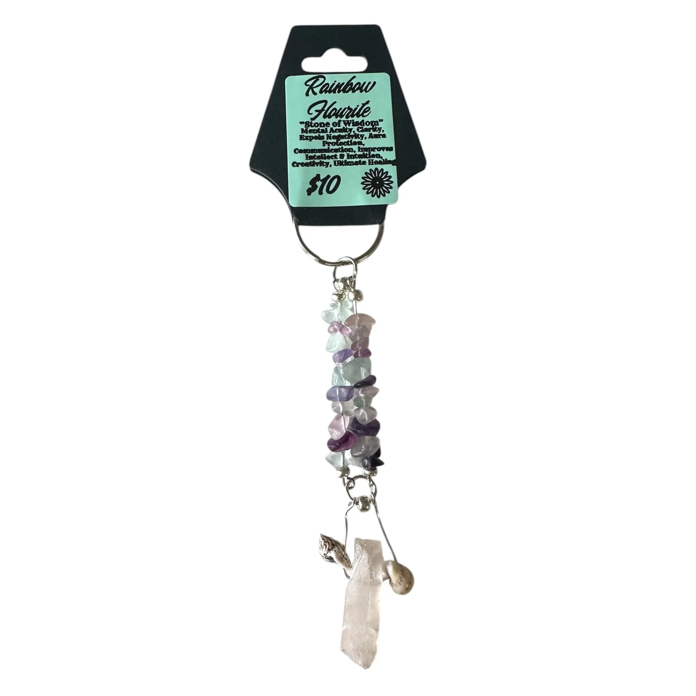 Keychain with multicolored beads and a crystal on a white background